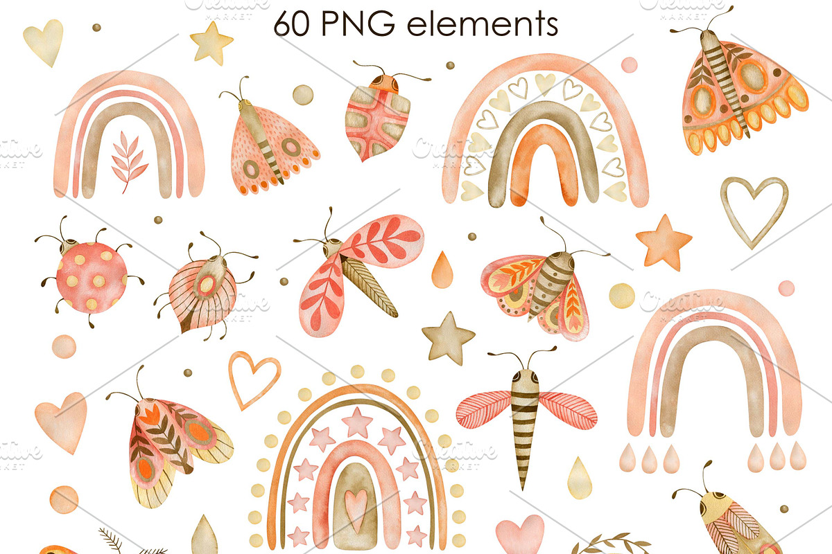 Watercolor Boho rainbow & butterfly, a Decorative Illustration by Kira Konoshenko (Photo 2 of 16)