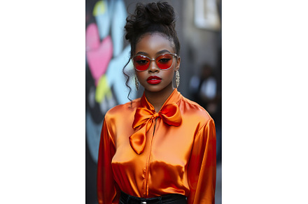 confident woman rocks vibrant orange, a Beauty & Fashion Photo by Lermont51