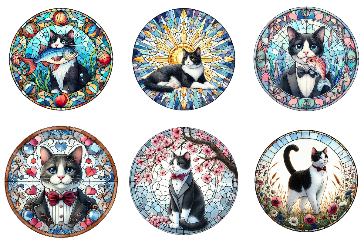 Round Stained Glass Tuxedo Cat Clipa, an Illustration by DreamArtGraphic (Photo 4 of 4)