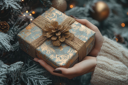 Wrapped gift held in hands with fest, a Photo by Tanuart