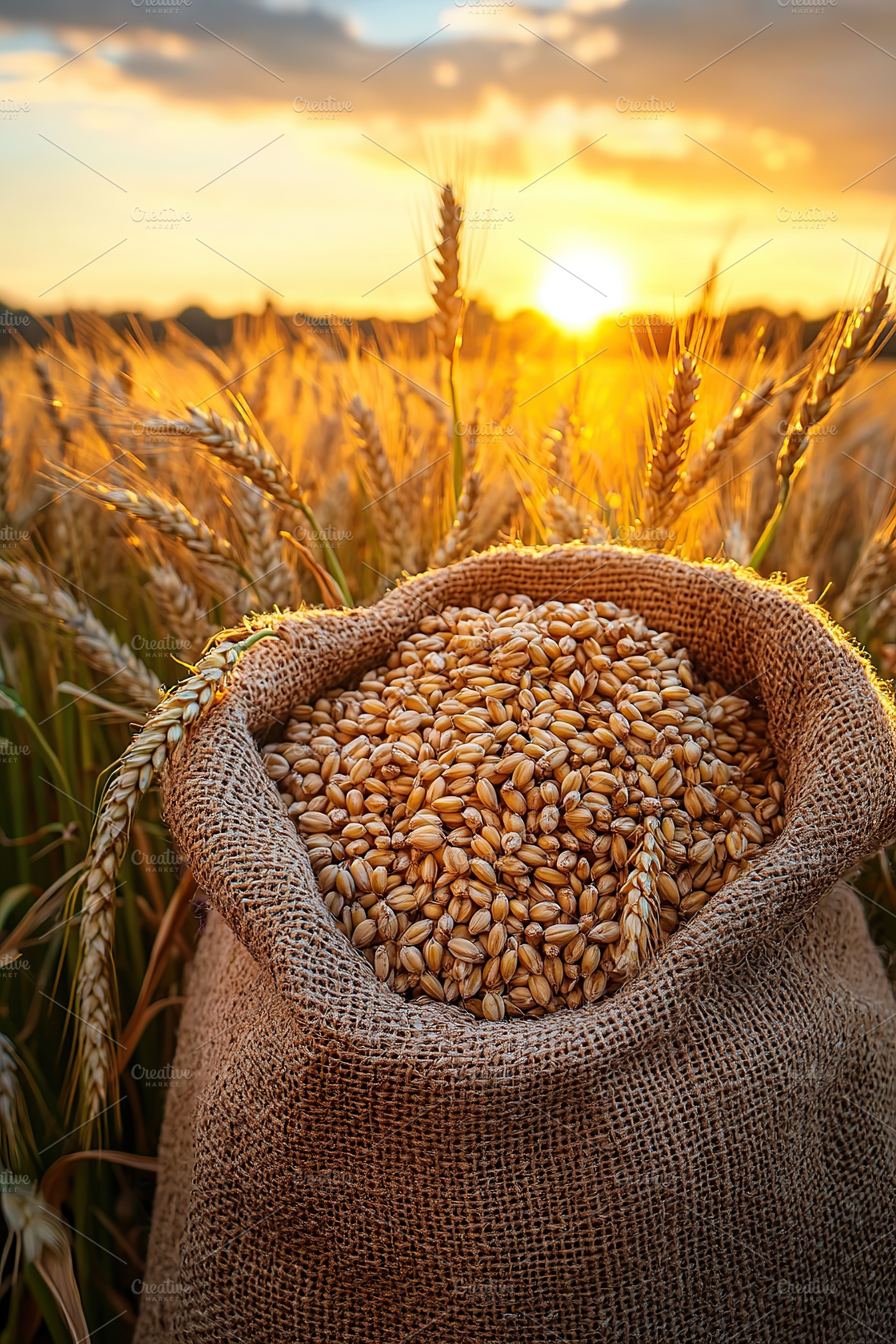Wheat grains harvested at sunset in a rural field, a Food & Drink Photo by AlyaAnd