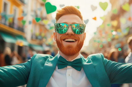 Smiling man in a green suit and bowtie celebrating St. Patrick's Day with a fes, a Person Photo by Mashimara