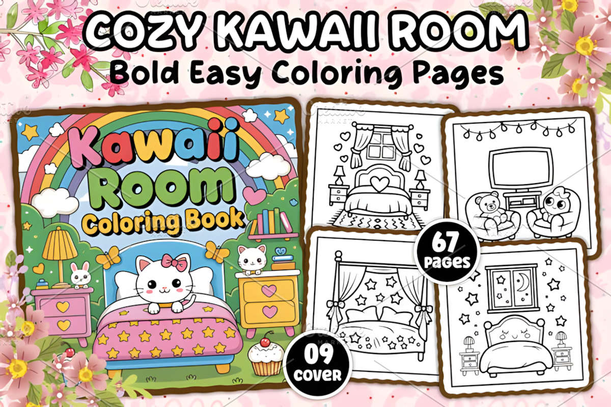 Bold Easy Cozy Kawaii Room Coloring, a Decorative Illustration by Ink Gallery (Photo 1 of 5)