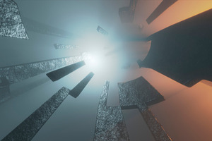 Abstract 3D tunnel with floating shapes and dual light tones, a Background Photo by RF Images