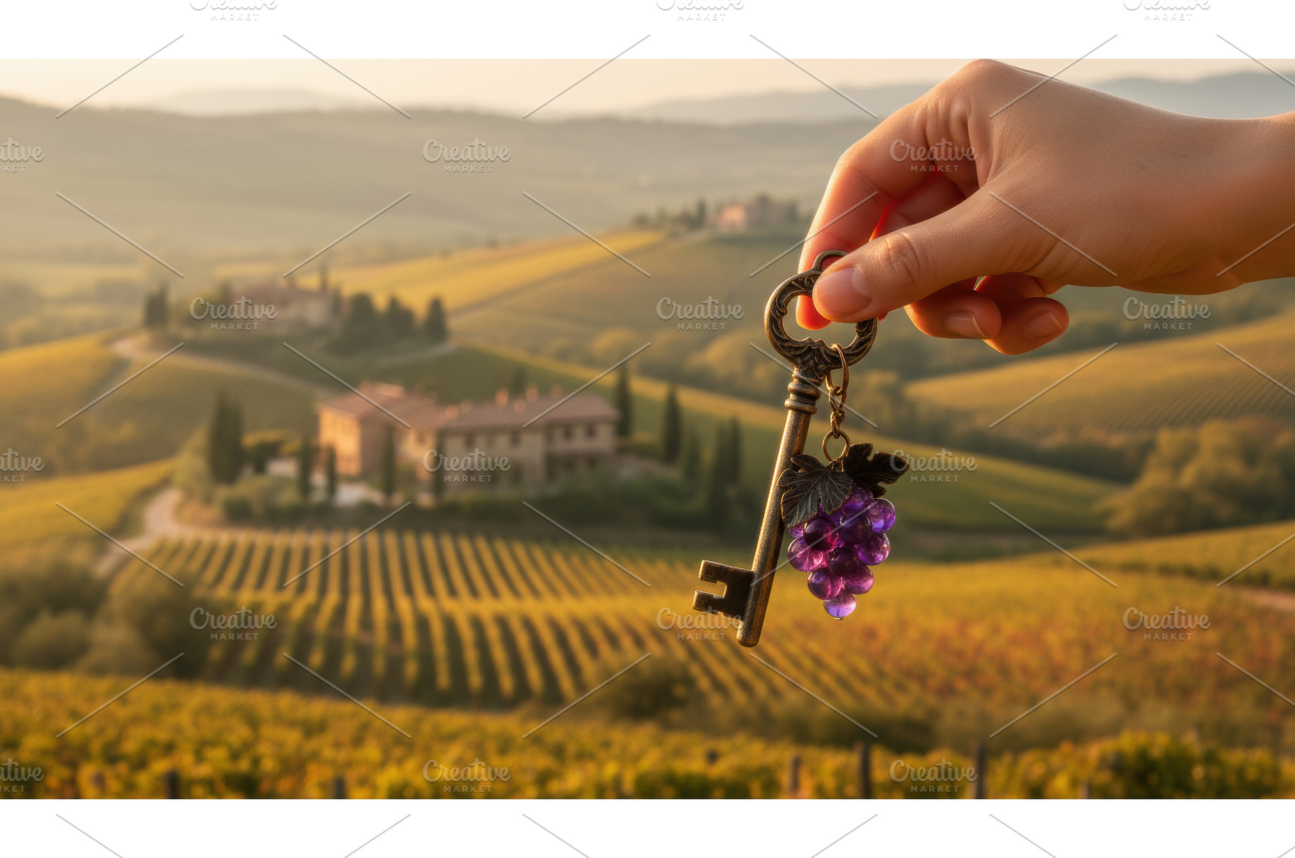Hand with vintage key over vineyard, a Holiday Photo by Igor Tichonow