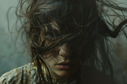 Moody Portrait of a Young Person with Hair Obscuring Face, an Abstract Photo by Natalia Klenova's Shop