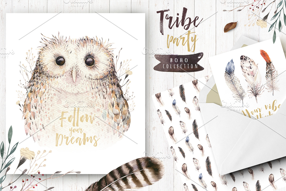 Watercolor owl & feathers collection, a Decorative Illustration by ...