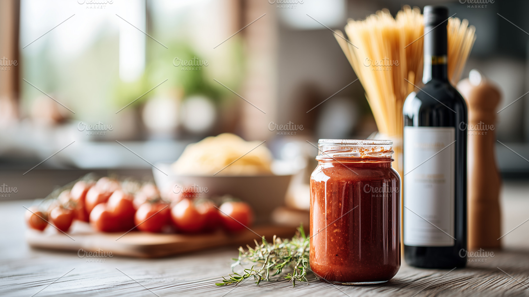 A jar of tomato sauce with fresh, a Food & Drink Photo by MistyDay