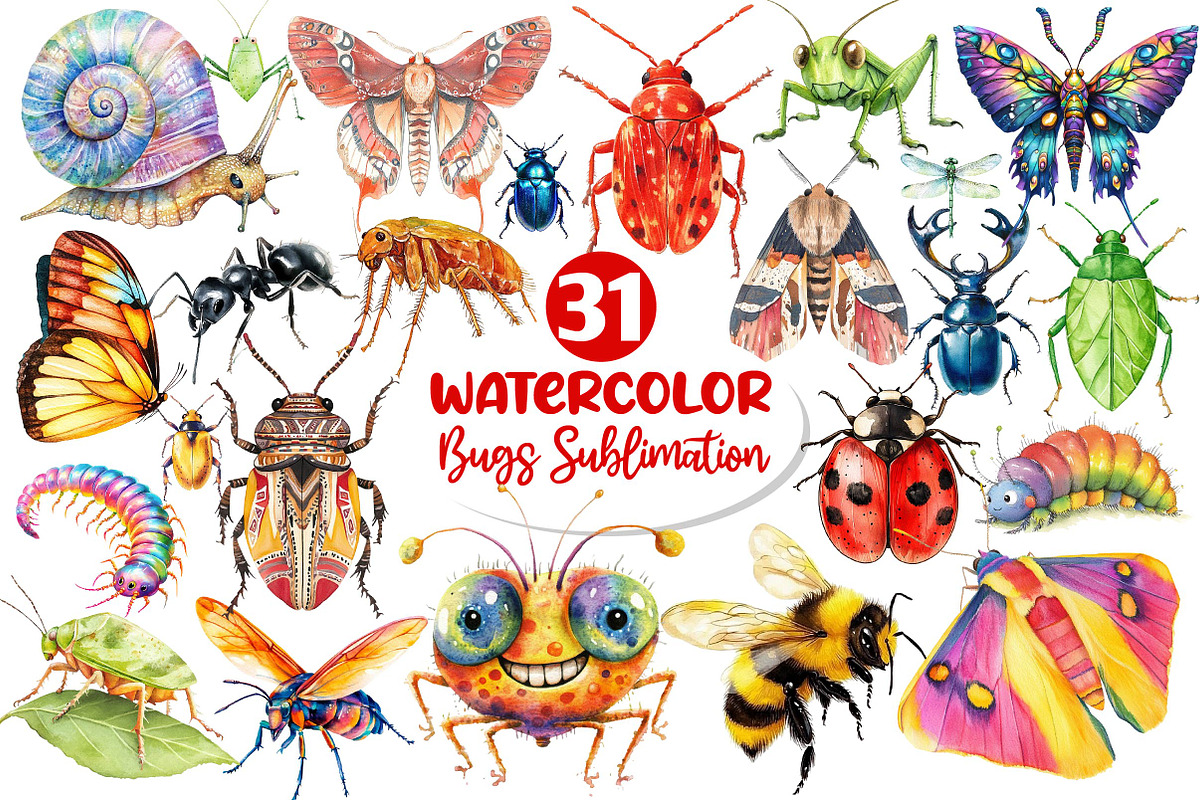 Watercolor Bugs Sublimation Clipart, an Illustration by Dream Creation (Photo 1 of 6)