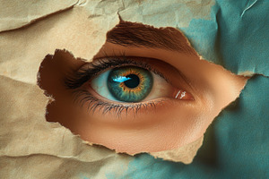 Blue Eye Peering Through Torn Paper, an Abstract Photo by Natalia Klenova's Shop