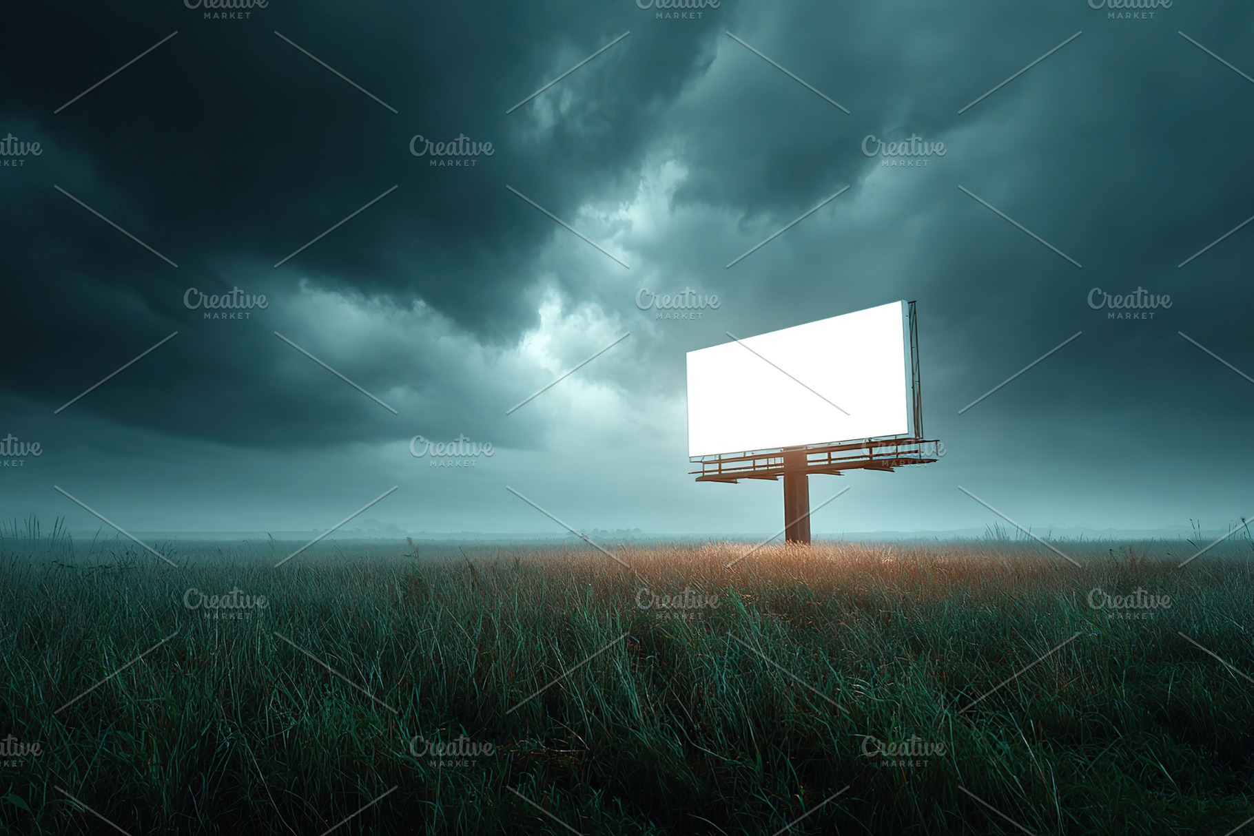 Overgrown field with a blank billboard under dramatic cloudy sky at dusk, an Arts & Entertainment Photo by AlyaAnd