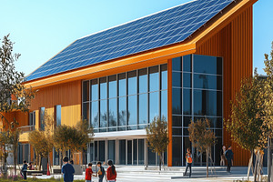 Modern building with solar panels on the roof, surrounded by trees and people w, a Transportation Photo by Textures & Backgrounds