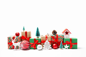 Row of Christmas presents and orname