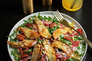 Salad with Pear, Arugula, Jamon, Blue Cheese and Blueberry, Delicious Fresh Sal