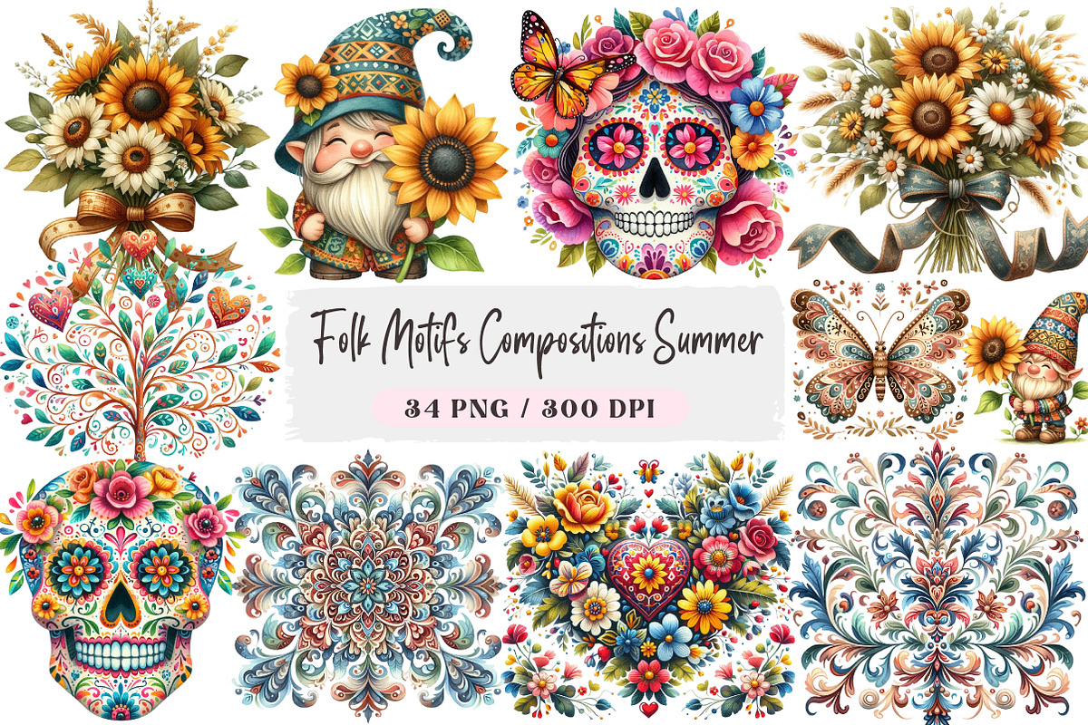 Folk Motifs Compositions Summer PNG, an Illustration by DreamArtGraphic (Photo 1 of 4)