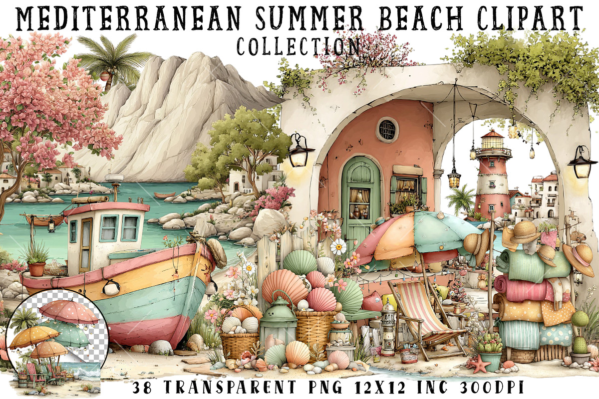 Mediterranean Summer Beach Clipart, an Illustration by OK Design (Photo 1 of 6)