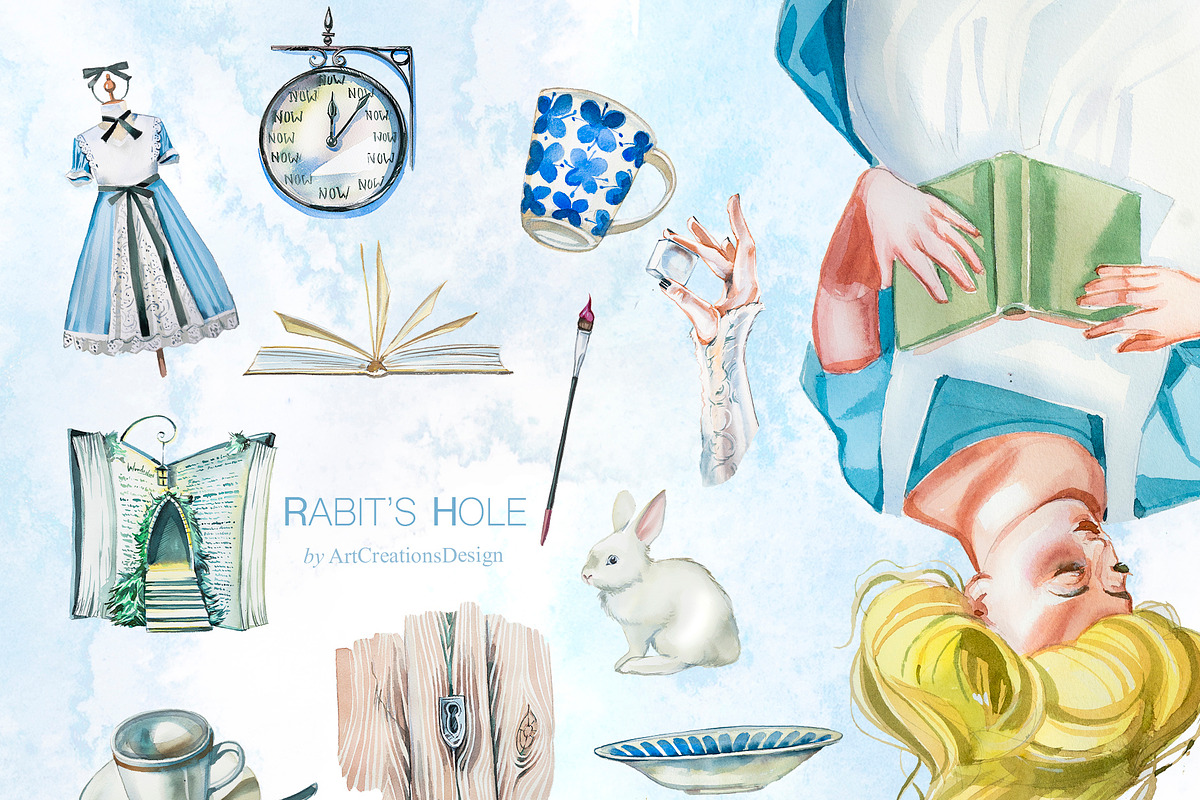 Watercolor Rabit's Hole Clipart Set, a Person Illustration by ArtCreationsDesign (Photo 8 of 14)