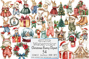 Watercolor Christmas Bunny Clipart, a Seasonal Illustration by Design Market