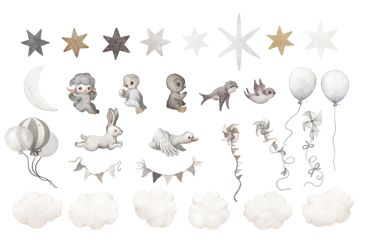 Gray Watercolor Nursery graphic Set, an Illustration by TanyaSchuka (Photo 9 of 11)