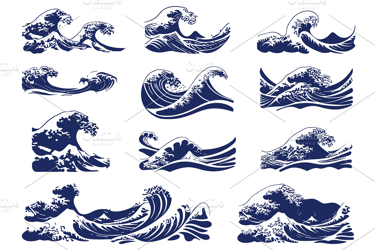 Ocean waves. Flat japanese wave with, an Illustration by Valerie Bodnar