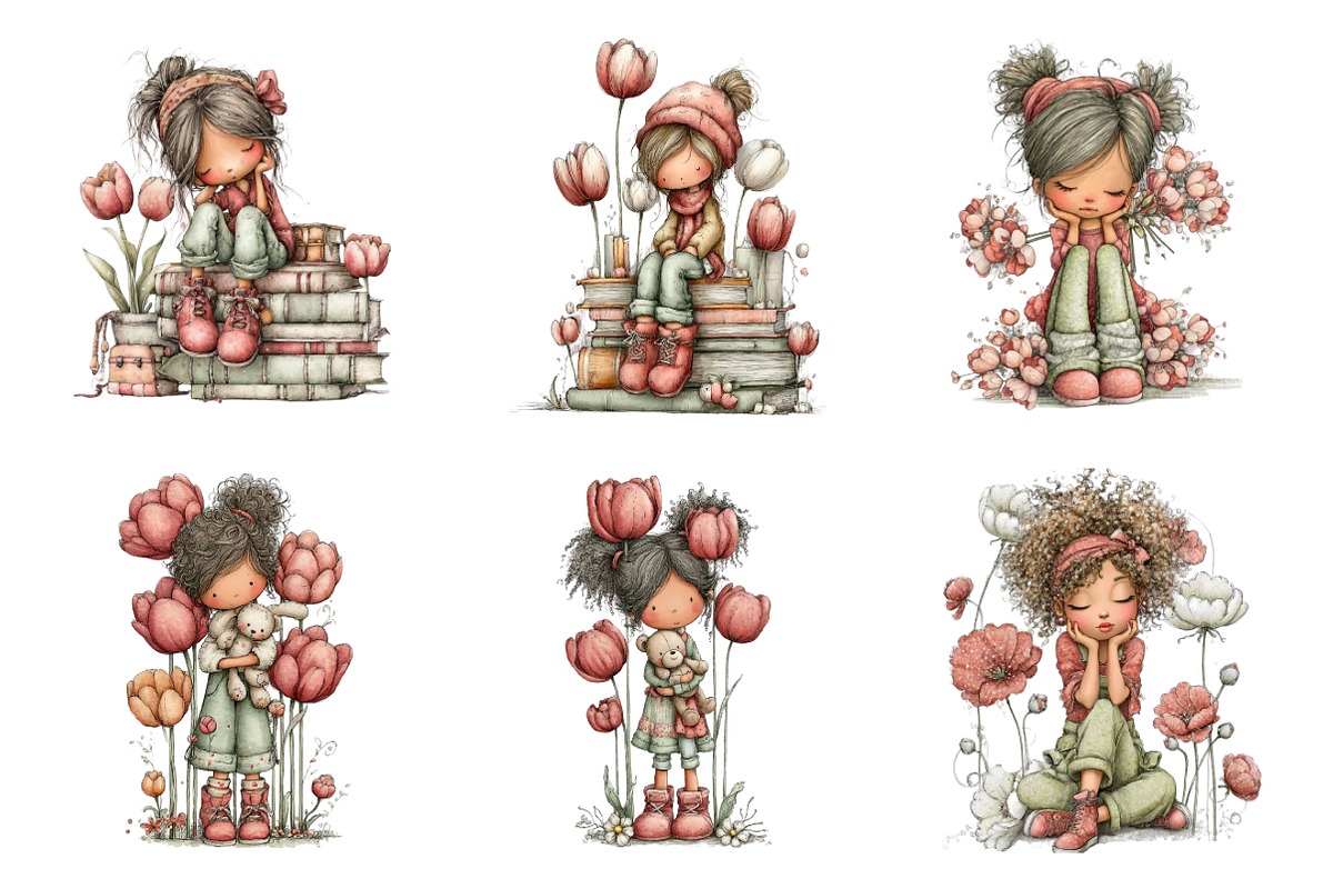 Whimsical Girl With Tulips And Puppy, an Illustration by SinaCreation (Photo 5 of 11)