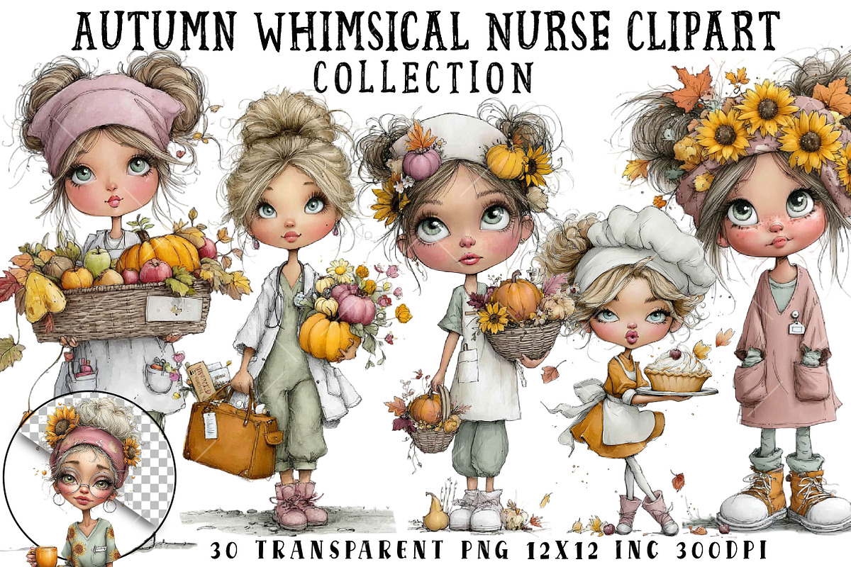 Autumn Whimsical Nurse Clipart, a Seasonal Illustration by OK Design (Photo 1 of 6)