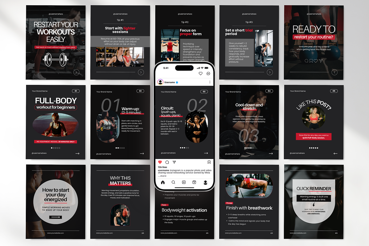Fitness Carousel Instagram Posts Red, a Social Media Template by DigiPax (Photo 4 of 11)
