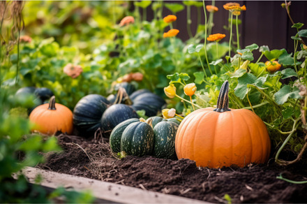 Orange and green pumpkins growing in, an Animal Photo by Ylivdesign