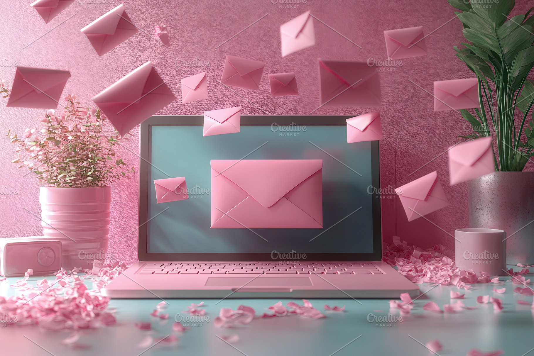 Colorful envelopes flying around a l, a Photo by Tanuart