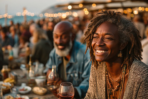 Friends enjoying a festive outdoor gathering with food, drinks, and joyful mome, a Person Photo by AS photostudio