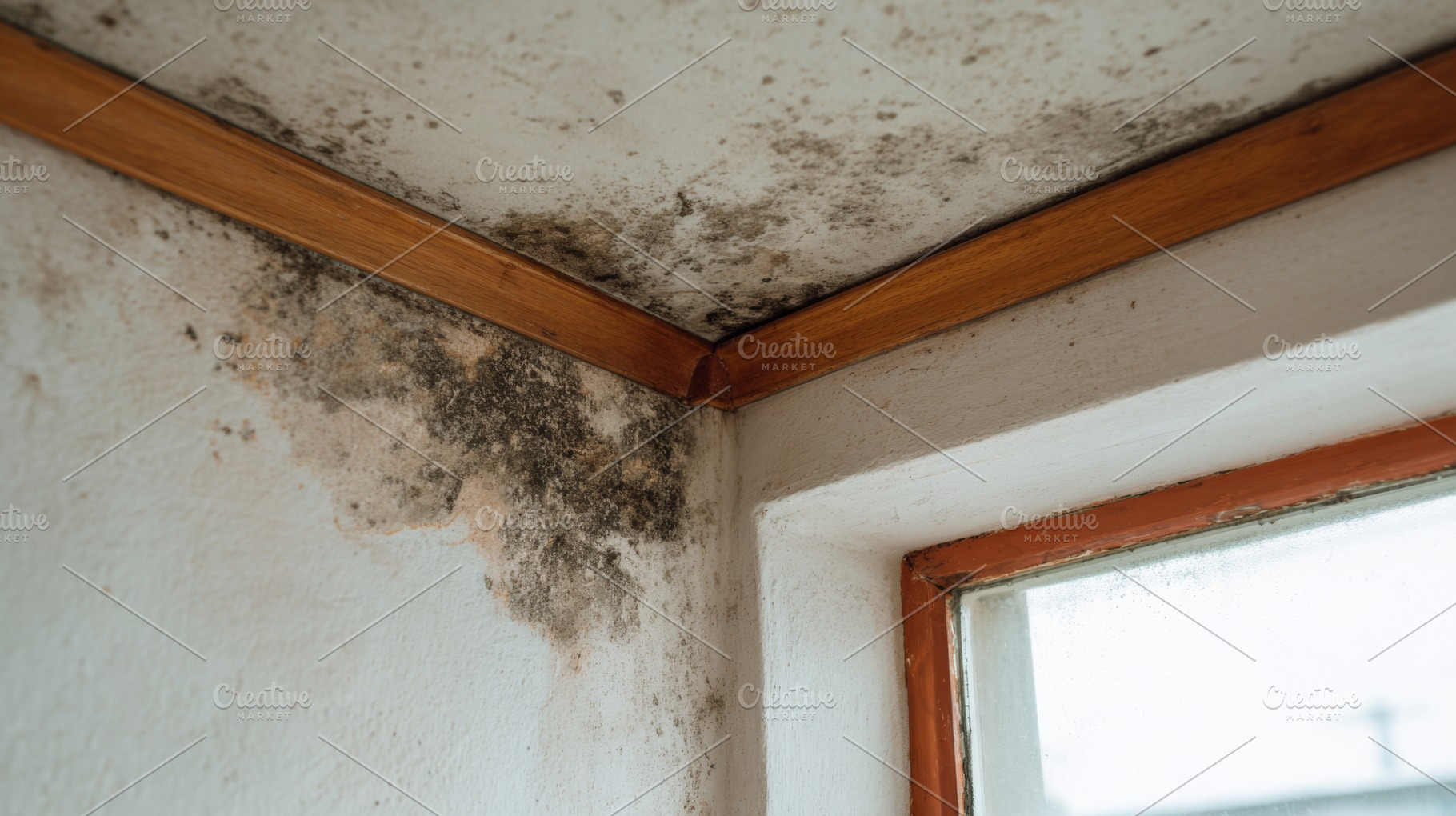 Close-up of water damage and mold growth in a corner of a room with wooden trim, a Person Photo by ImageMir