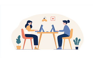 Two women working on laptops face, a Person Illustration by Sergey Kotenev