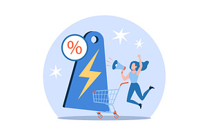 Flash sales. Happy woman enjoys, a Finance Illustration by YummyBuum