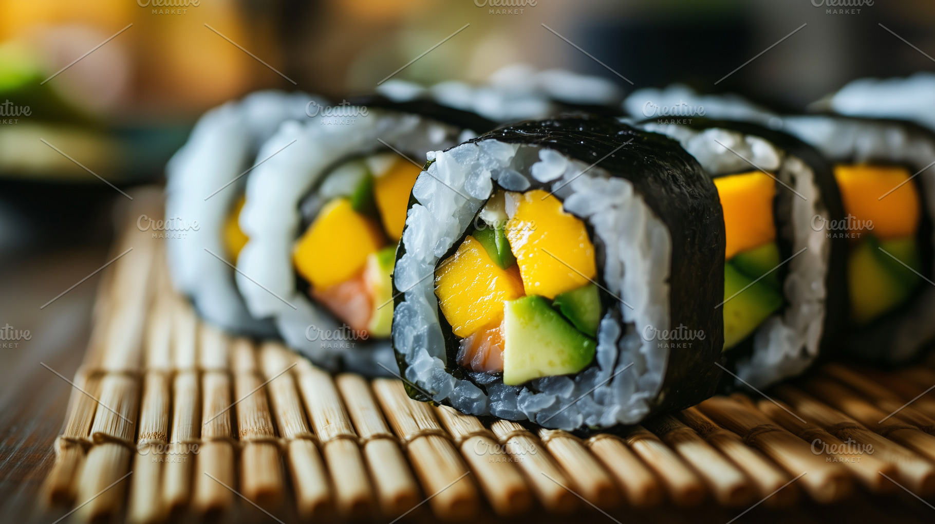 Summer sushi rolls with mango, fish, a Food & Drink Photo by MistyDay
