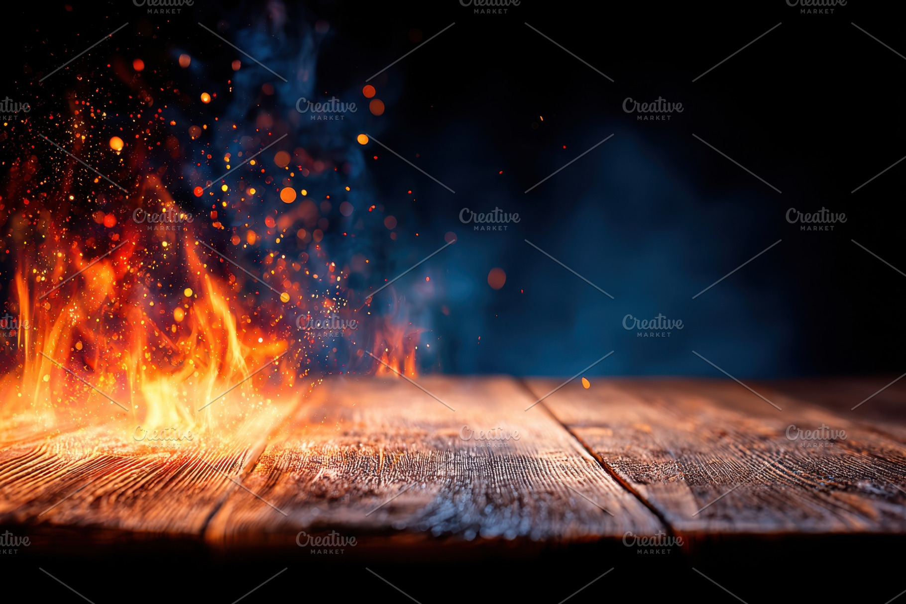 Wooden tabletop with glowing sparks on dark background, a Background Photo by AlyaAnd