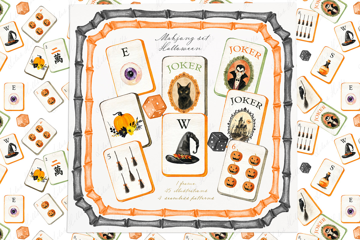 Halloween Mahjong Watercolor Clipart, an Education Illustration by LABFcreations (Photo 1 of 4)