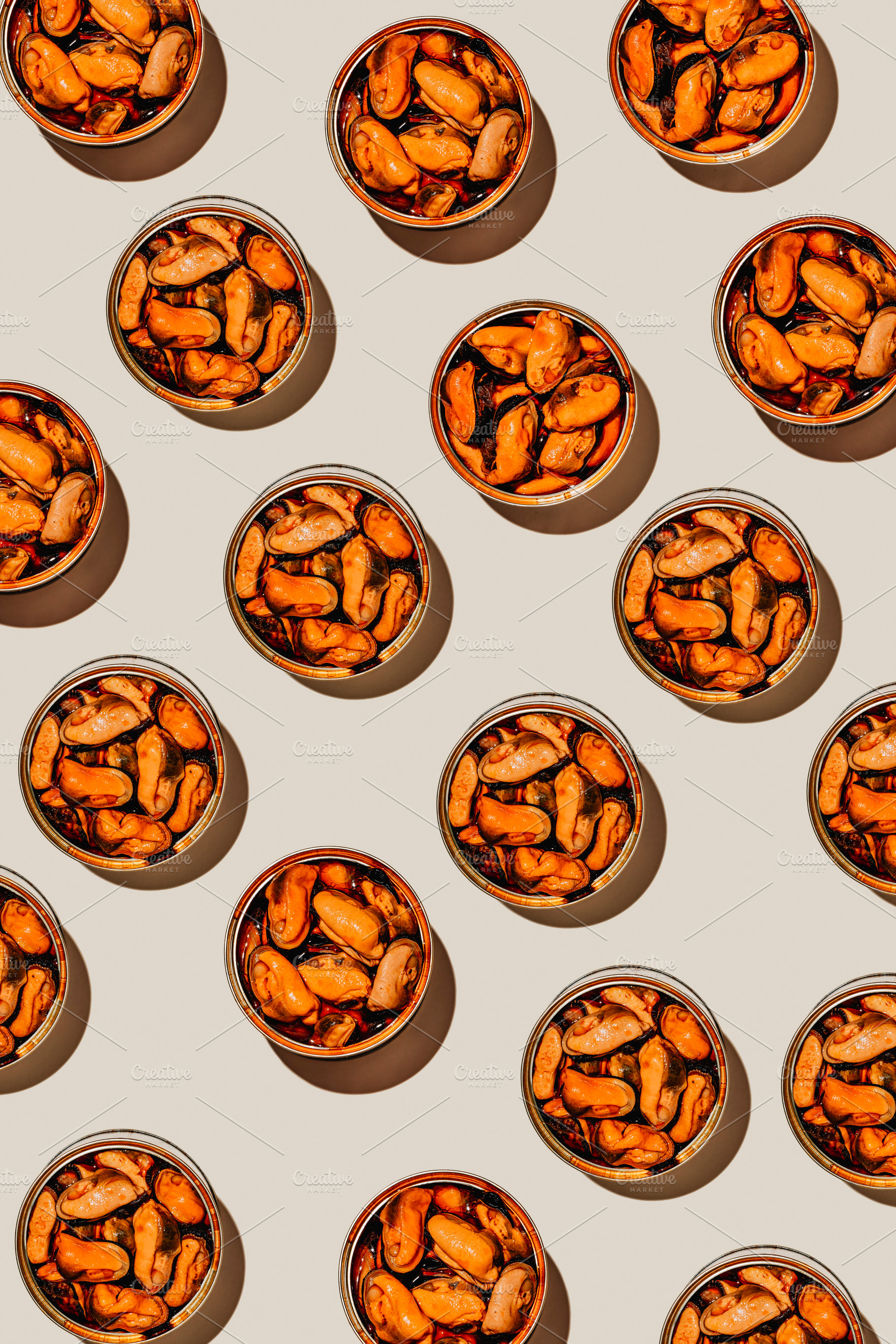 geometric pattern of mejillones en escabeche tins, a Photo by Nito
