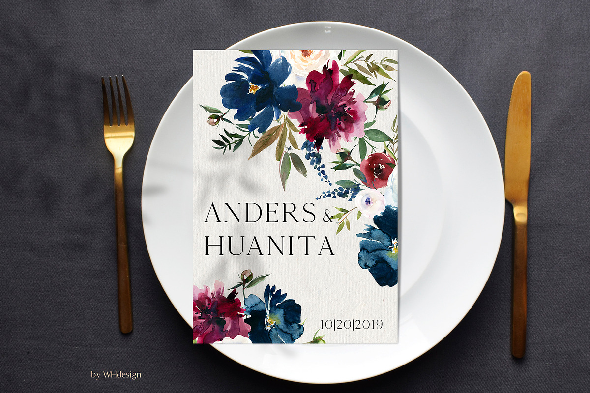 Bordo & Navy Watercolor Flowers PNG, a Decorative Illustration by whiteheartdesign (Photo 8 of 9)