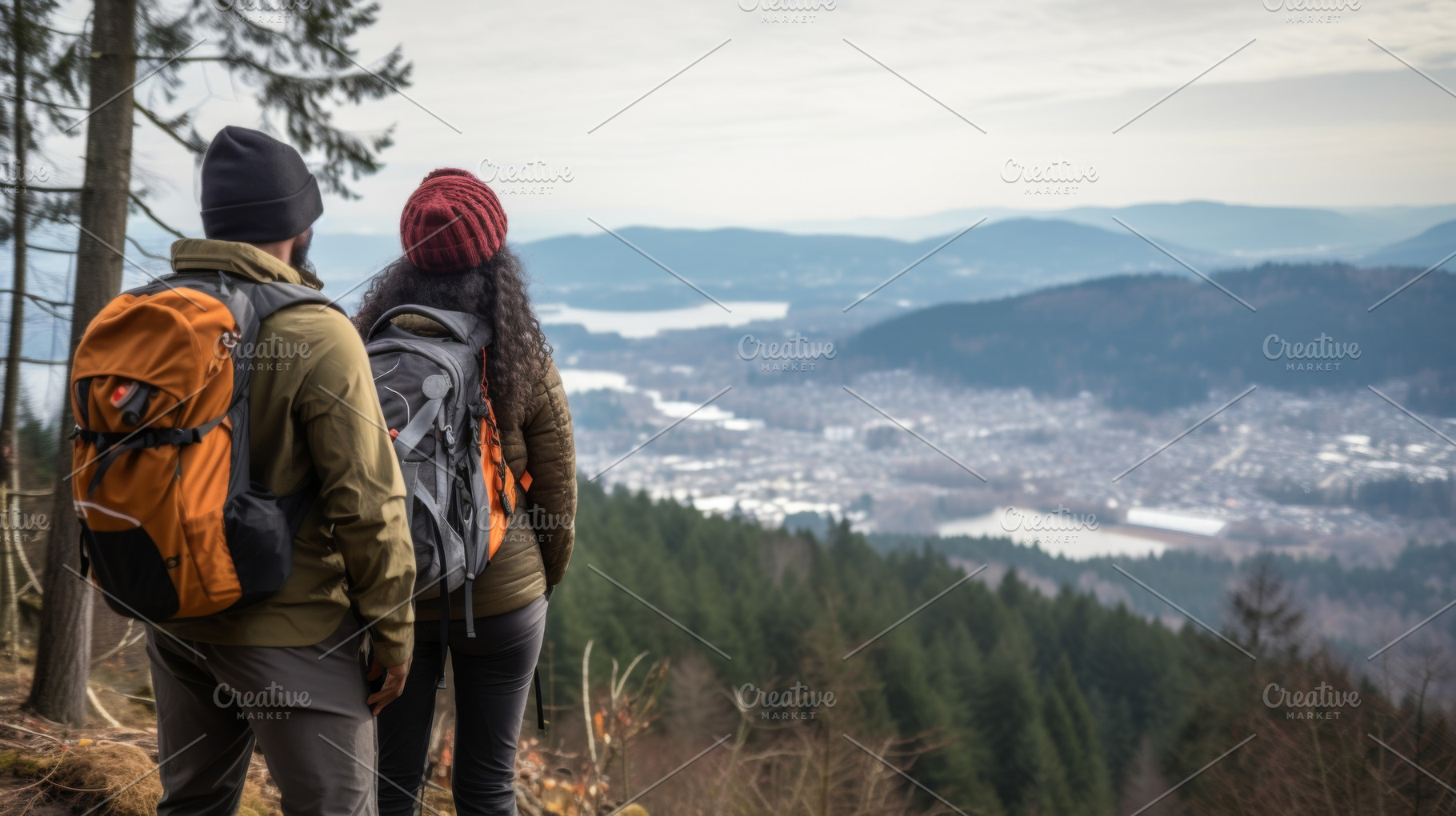 Couple tourists admire scenic mounta, a Photo by Dvoevnore photos