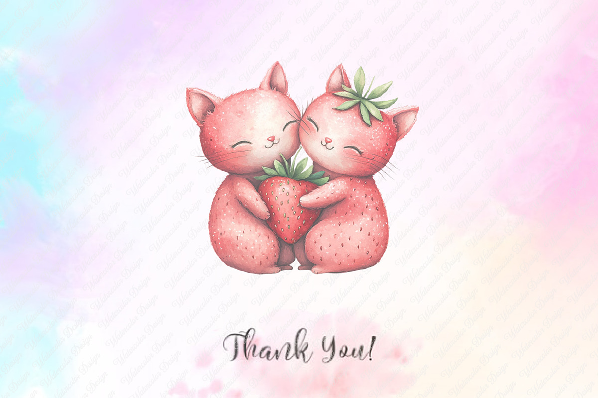 Strawberry Cat Sublimation Clipart, an Illustration by Watercolor design (Photo 8 of 12)