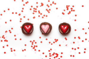 Flatlay with hearts & confetti stock photo containing anniversary and ad