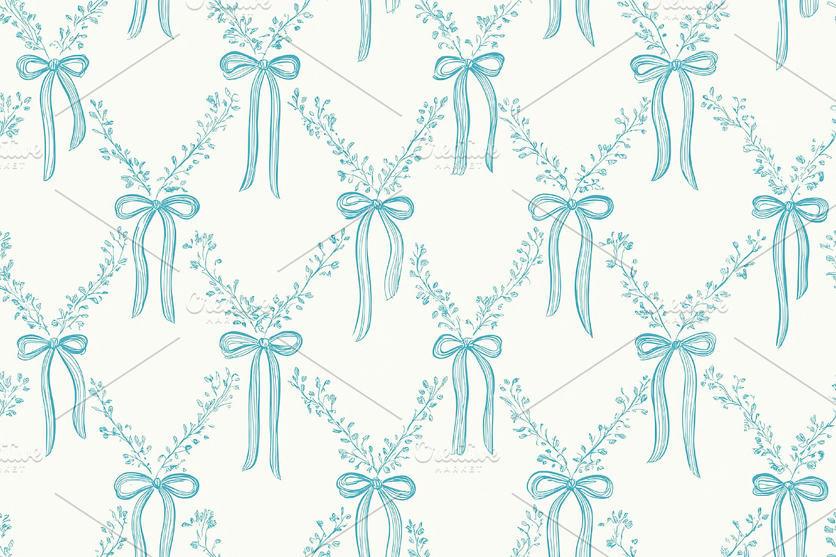 Seamless pattern repeating elegant teal bows and delicate floral, a Pattern Graphic by Studio ANNA