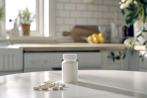 Medicine pills in white bottle on table in the kitchen, a Health & Medical Photo by AlyaAnd