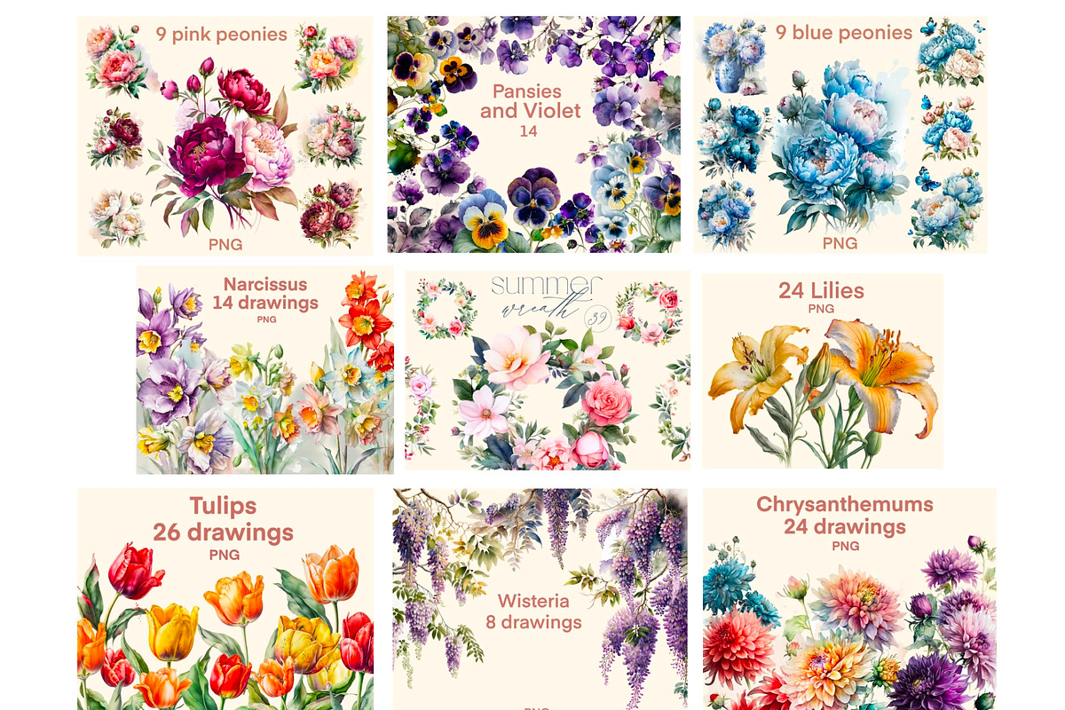 Flowers 50 cliparts, big Bundle, a Decorative Illustration by Hello My Print (Photo 7 of 10)