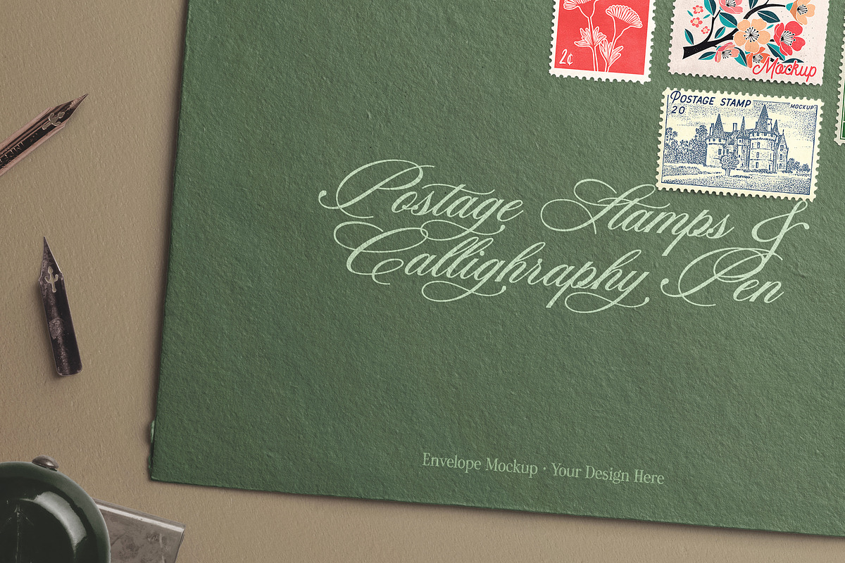 Envelope-Postage Stamps Calligraphy, an Advertising Mockup by Custom Scene (Photo 3 of 10)