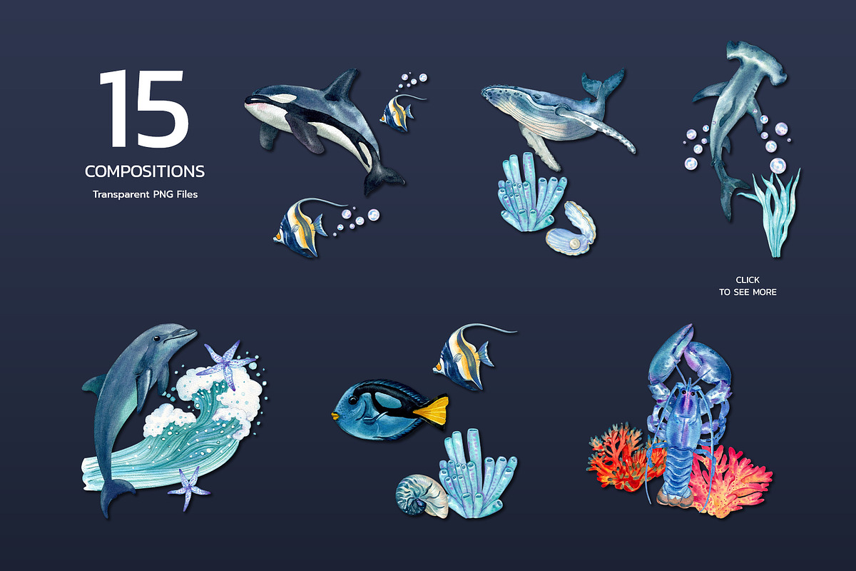 Blue Marine World Watercolor, an Animal Illustration by CreativeValuation (Photo 3 of 12)