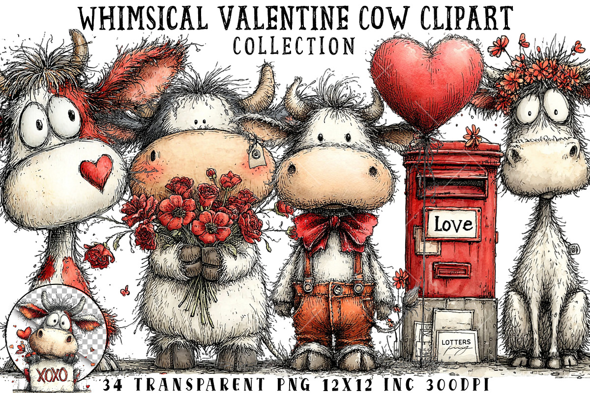 Whimsical Valentine Cow Clipart, an Illustration by OK Design (Photo 1 of 6)