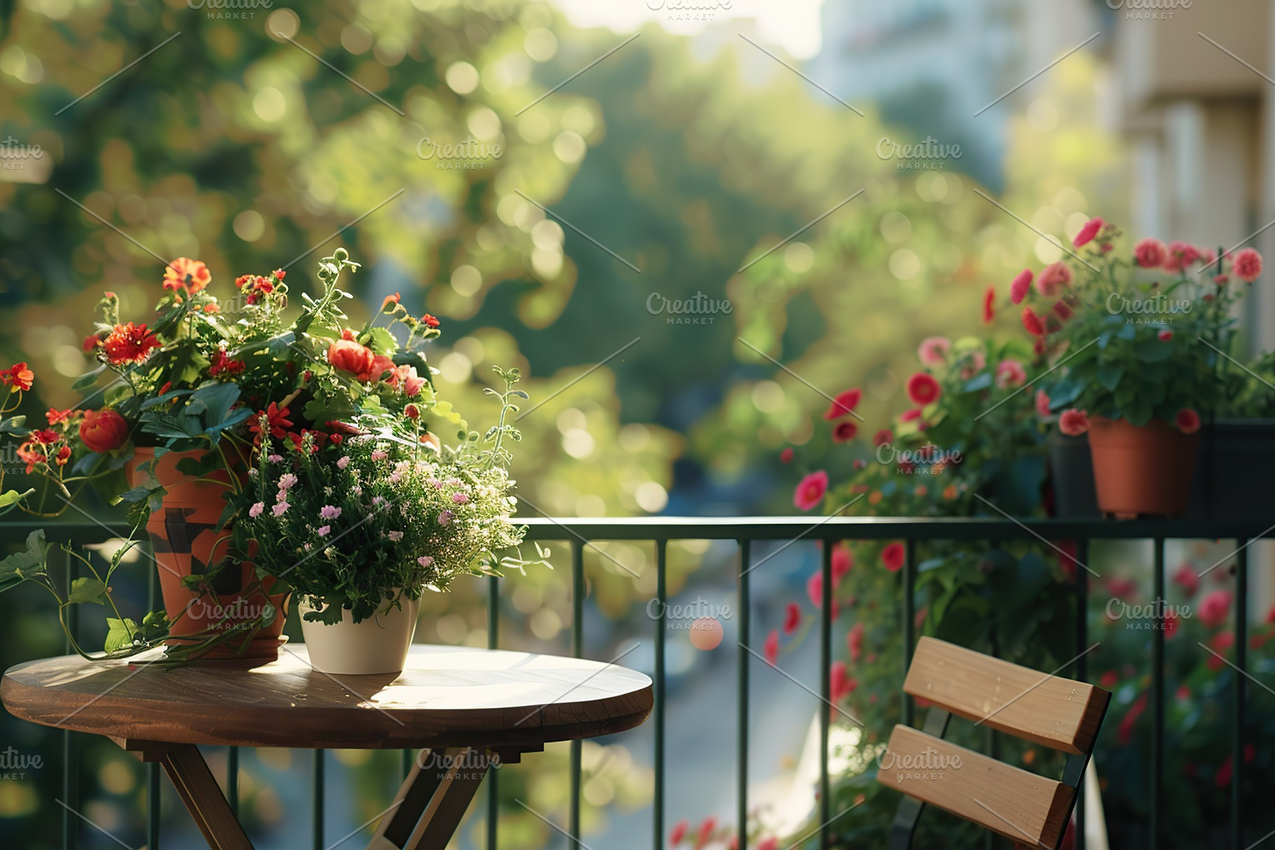 Beautiful balcony with small table, chair and flowers, a Photo by AlyaAnd