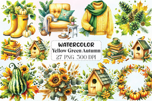 Watercolor Yellow & Green Autumn PNG, an Illustration by CraftArtStudio