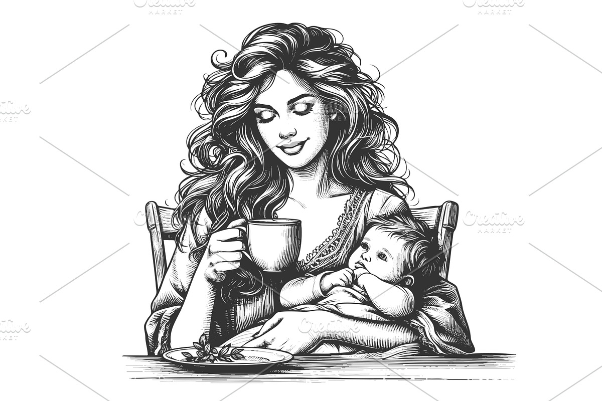 Tired mother drinking coffee while, a Person Illustration by AlexArt